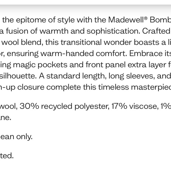 Madwell Wool Quilted Bomber Jacket Sz. XS - Picture 5 of 9